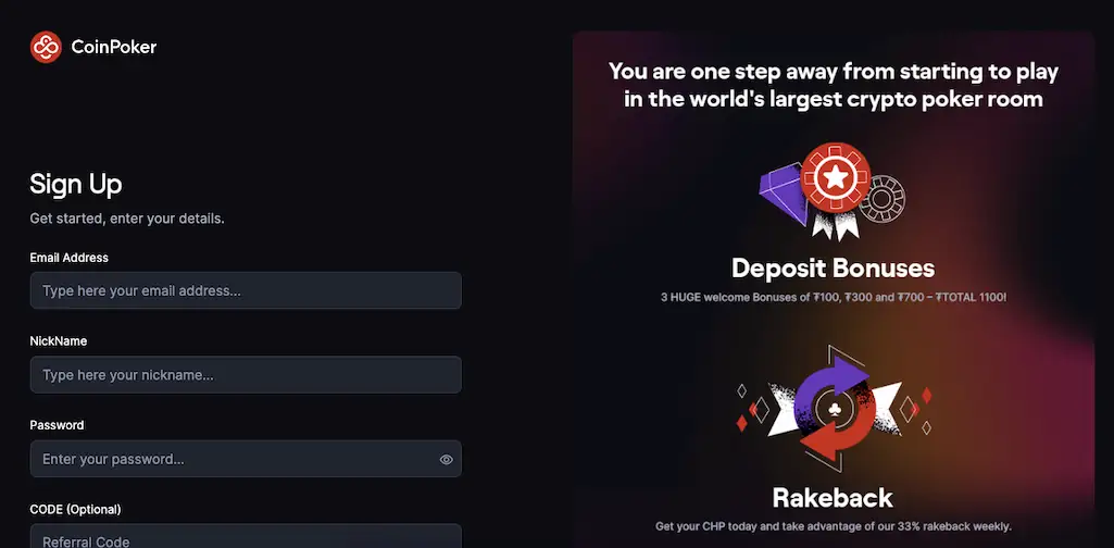 Coinpoker review, signup form 