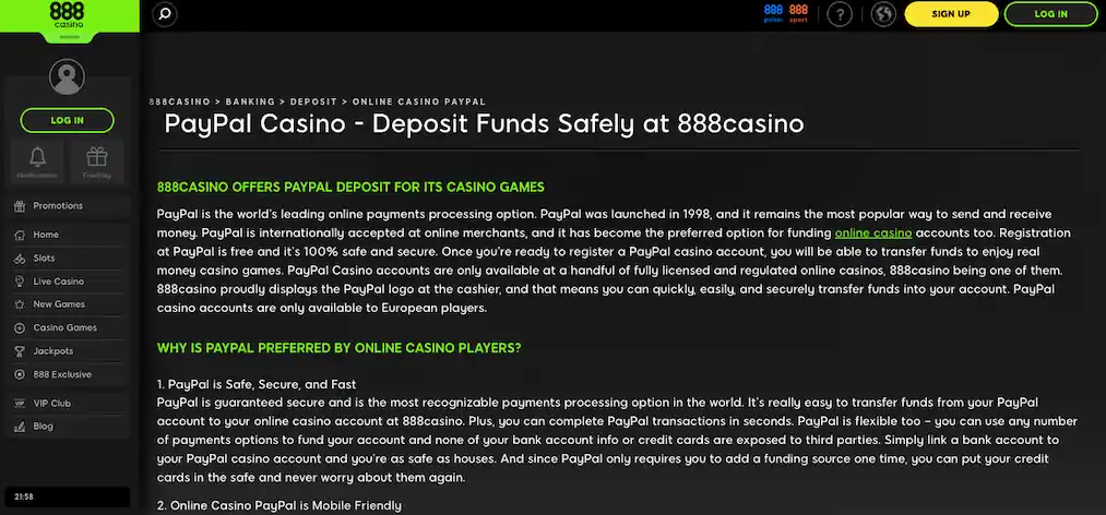 888 is one of online casinos accept PayPal