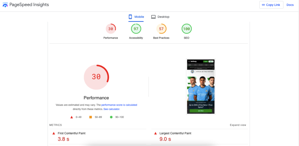 Betway review: Google speed insights